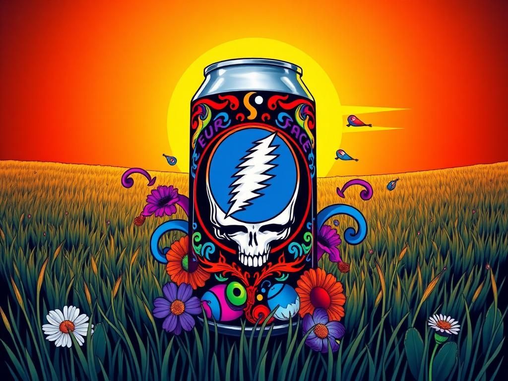 Flick International Illustration of a Grateful Dead beer can with 'Steal Your Face' graphic