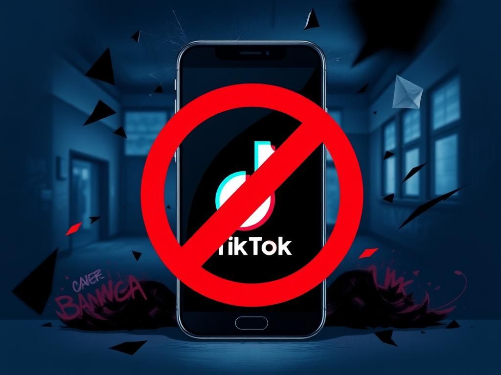 Flick International Illustration of a dark smartphone with TikTok logo and a red warning sign, depicting TikTok ban concerns in Albania