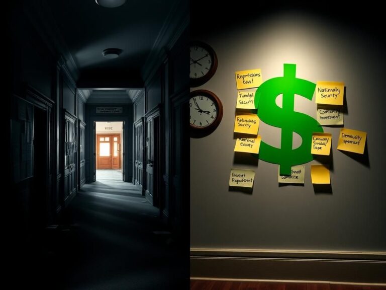 Flick International Split image contrasting Congress perspectives on government shutdown with tense corridor and optimistic funding priorities