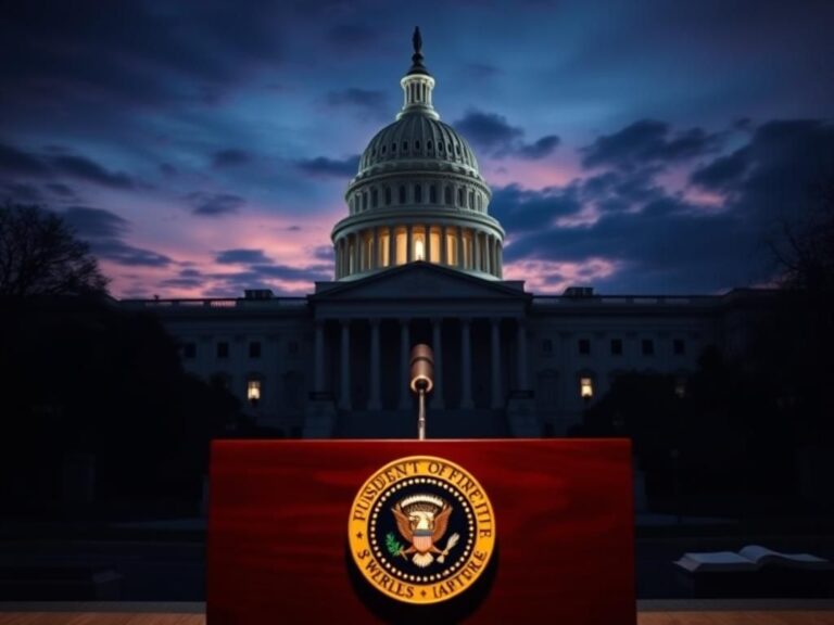 Flick International Grand depiction of the U.S. Capitol building at twilight with a wooden podium and presidential seal