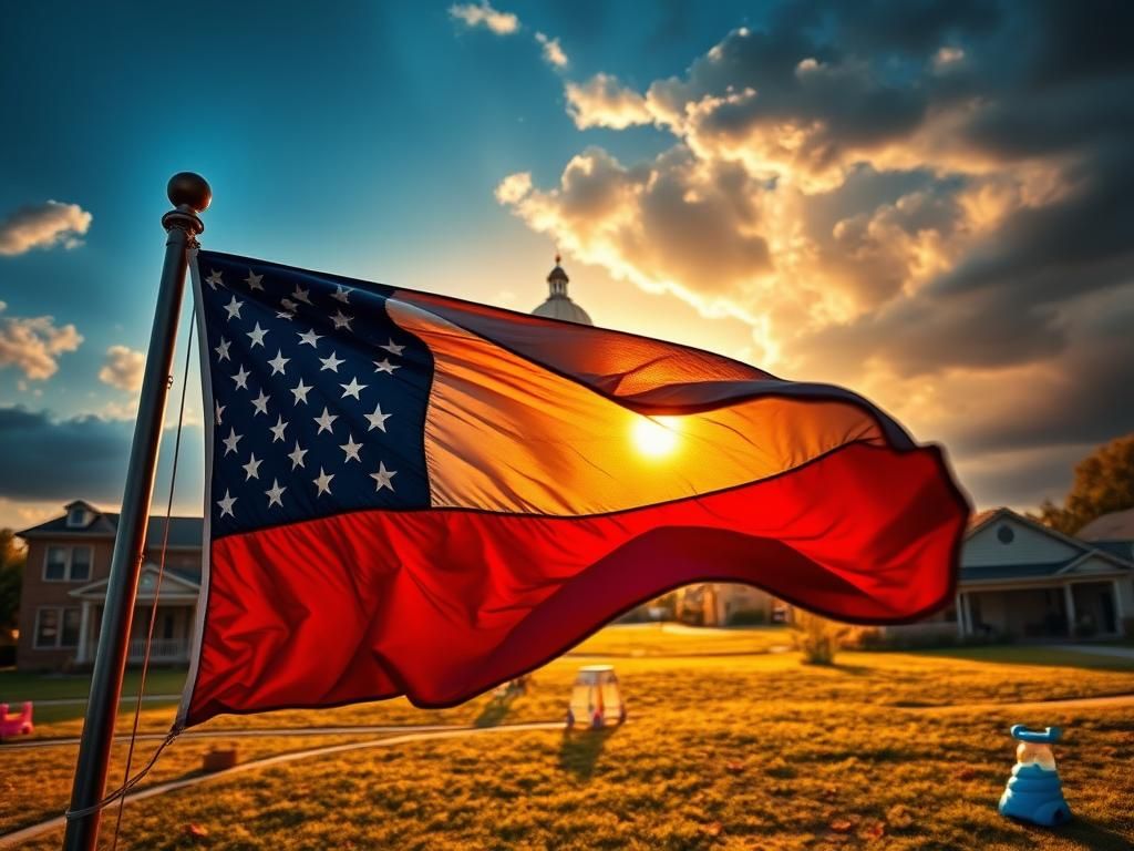 Flick International American flag waving in front of Texas State Capitol against a dramatic sky