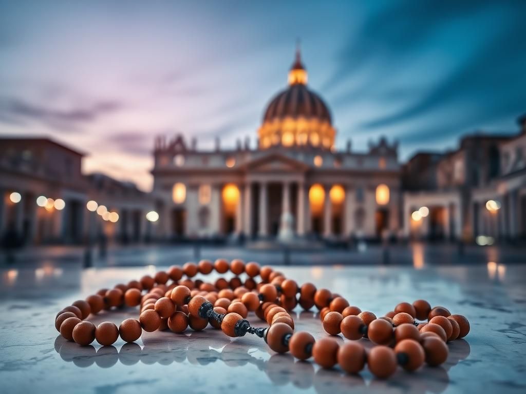 Flick International Serene St. Peter's Square at dusk with unlit rosary symbolizing prayer