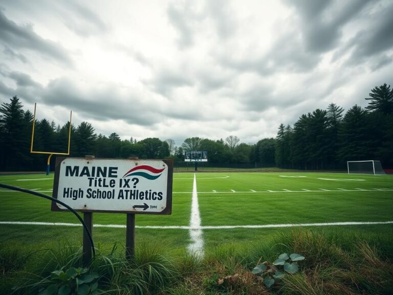 Flick International Dramatic wide-angle view of an empty high school athletic field surrounded by trees under a cloudy sky