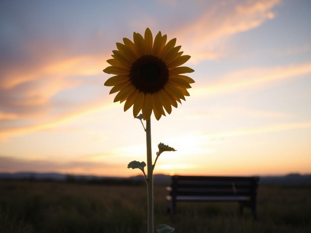 Flick International Serene sunset over a peaceful landscape with a blooming sunflower