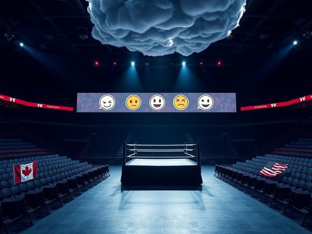 Flick International A dramatic landscape of an empty wrestling arena with a spotlight on the iconic ring