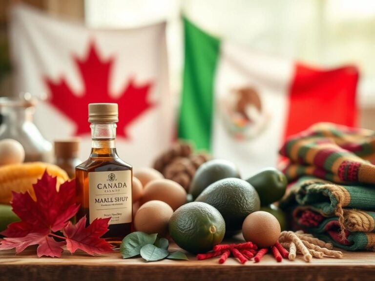 Flick International Close-up of Canadian and Mexican goods including maple syrup and avocados on a wooden table