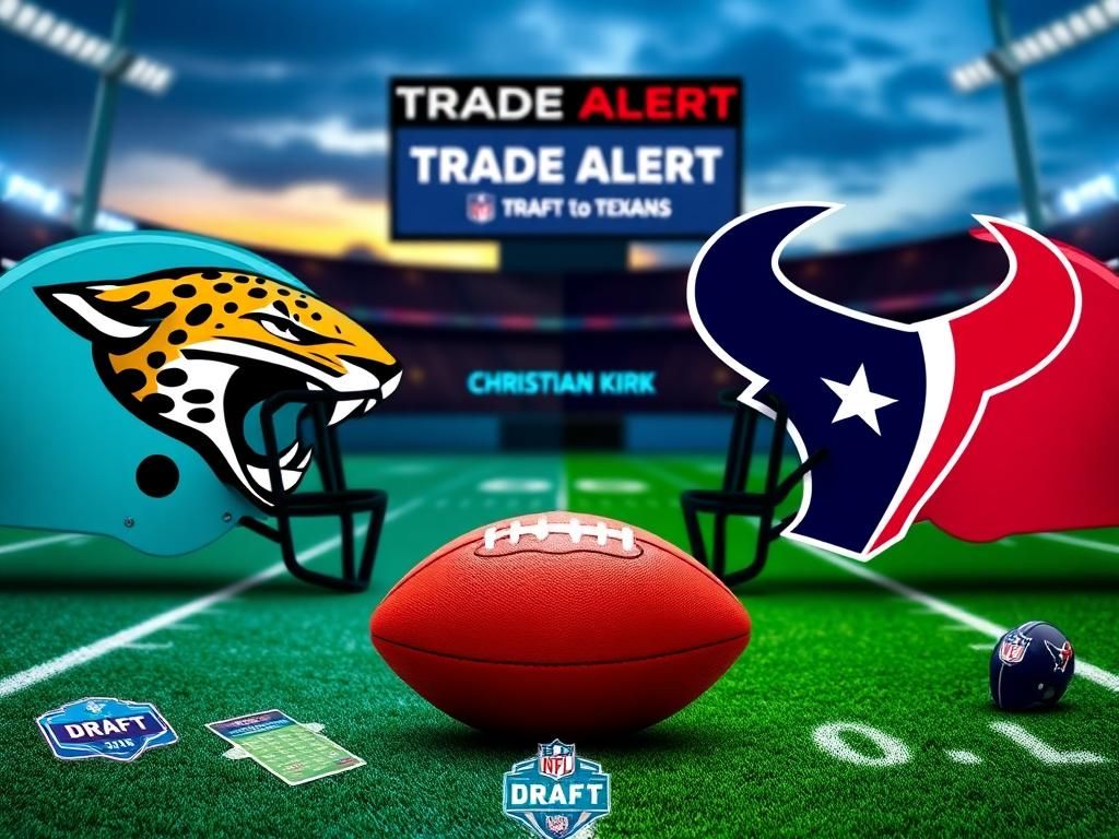 Flick International Divided football field featuring Jacksonville Jaguars and Houston Texans colors with a football symbolizing the trade