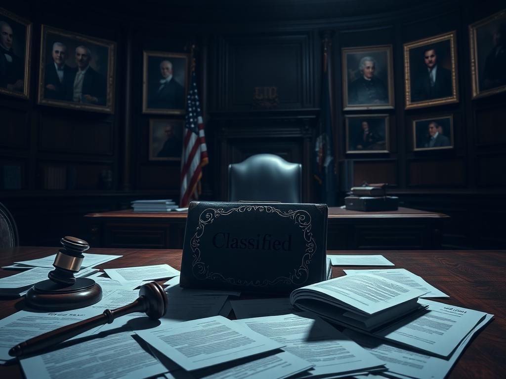 Flick International A dramatic scene in a dimly lit government office with a wooden desk, legal documents, and a gavel, symbolizing political intrigue.