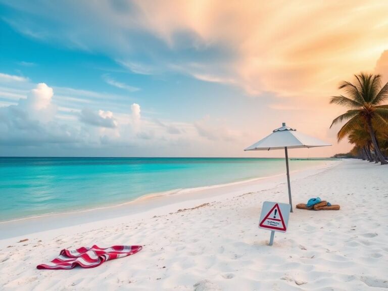 Flick International A tranquil beach scene on Grace Bay in Turks and Caicos with palm trees and warning sign