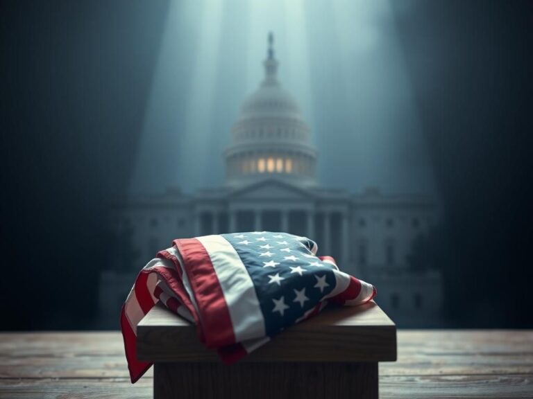 Flick International Close-up of a folded American flag on a wooden podium symbolizing patriotism and service