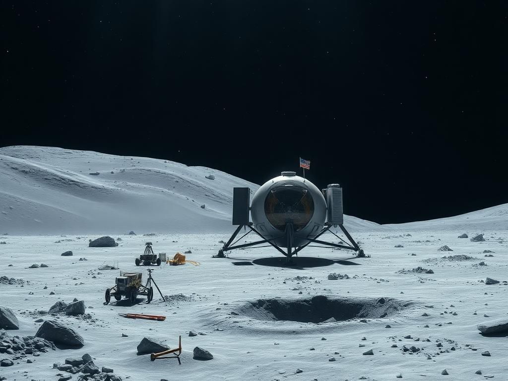 Flick International Athena lunar lander on the Moon's surface surrounded by rocky terrain and tools