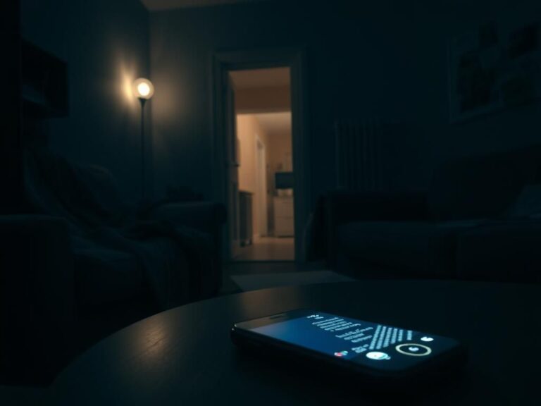 Flick International Dimly lit living room scene depicting a university student house with an illuminated smartphone displaying text messages.