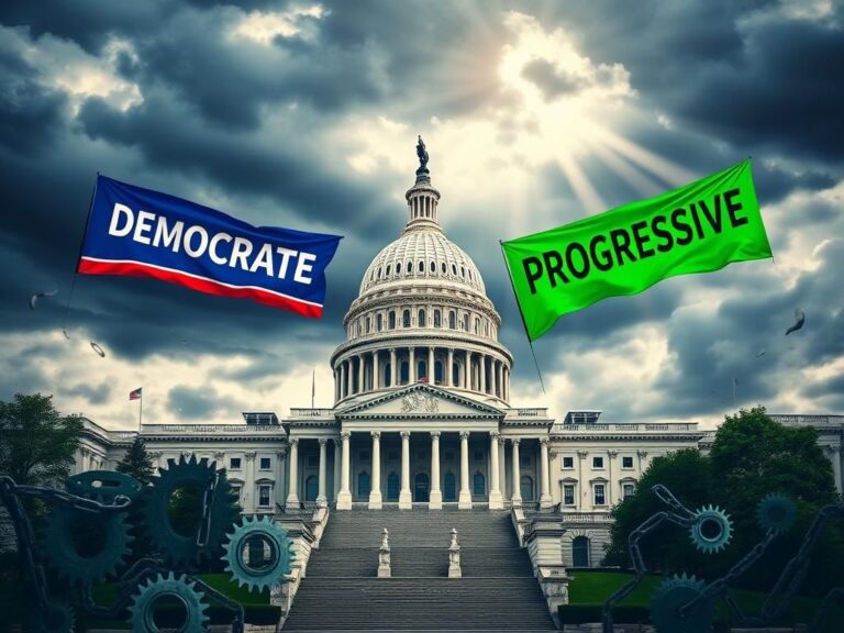 Flick International U.S. Capitol building with contrasting Democratic banners under a stormy sky