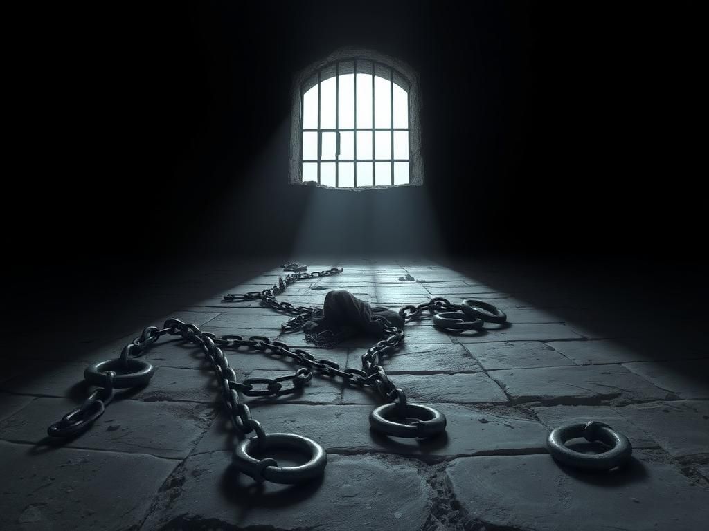 Flick International Stark underground scene with heavy chains and shackles symbolizing captivity