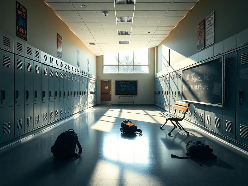 Flick International Empty school hallway in a NYC public school with polished floors and abandoned backpacks highlighting absenteeism