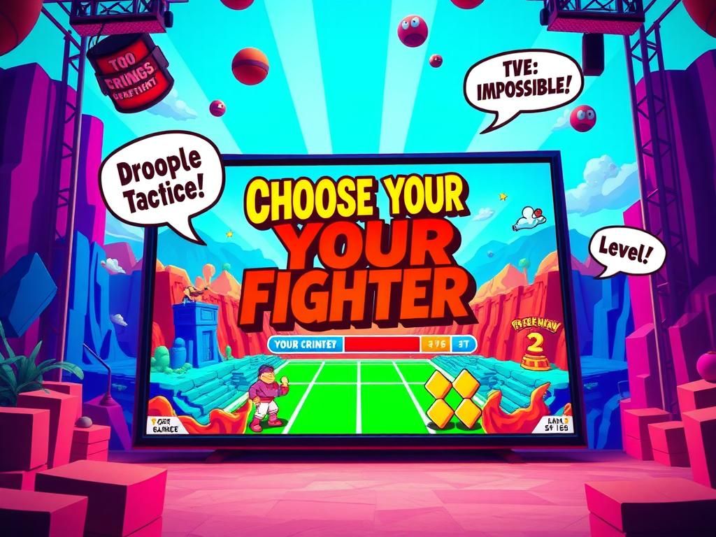 Flick International Vibrant digital art depicting a retro video game screen with a 'choose your fighter' theme