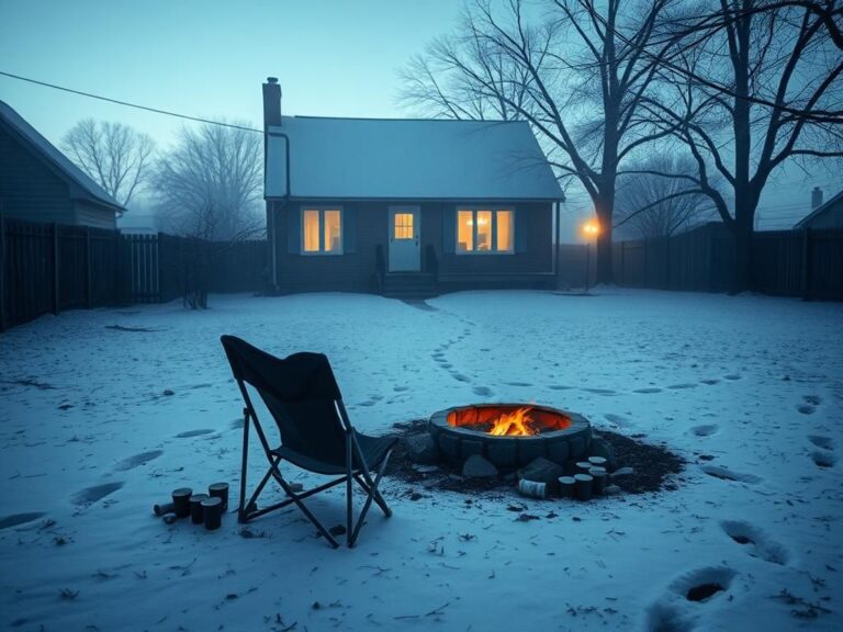 Flick International Overturned folding chair in a snowy Kansas City backyard at dusk