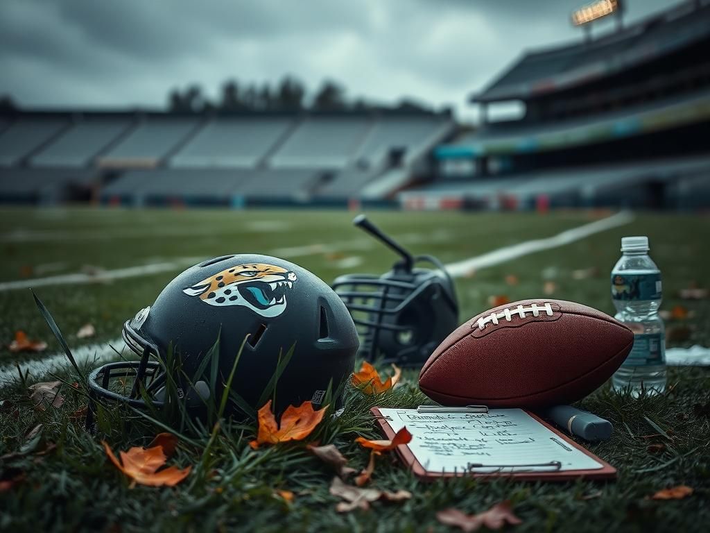 Flick International Jacksonville Jaguars helmet on the sidelines surrounded by grass and leaves