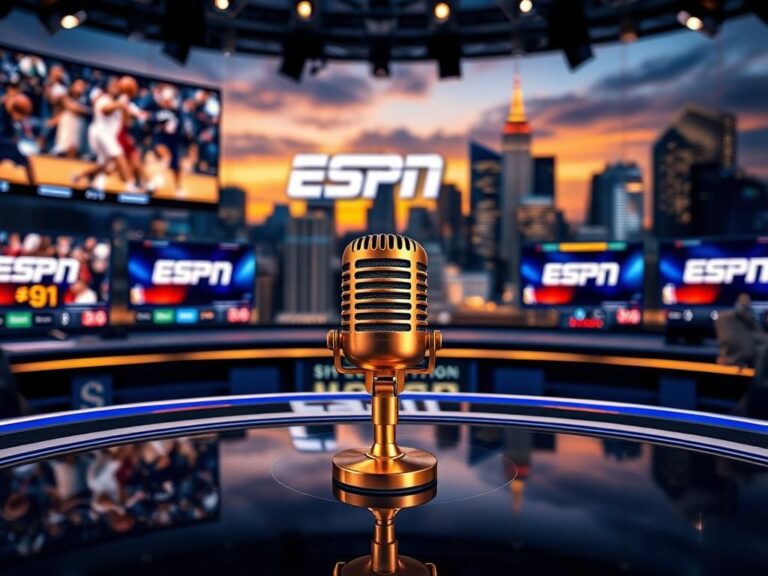 Flick International Dynamic sports-themed composition featuring ESPN logos and a luxurious microphone on a sports desk