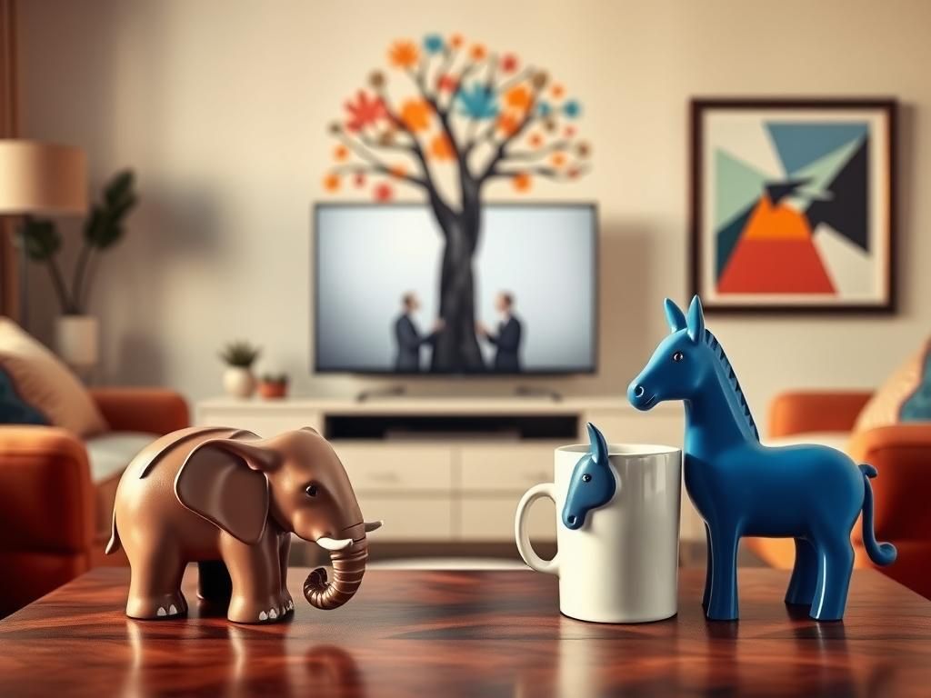 Flick International Cozy living room scene featuring contrasting Republican and Democratic coffee mugs