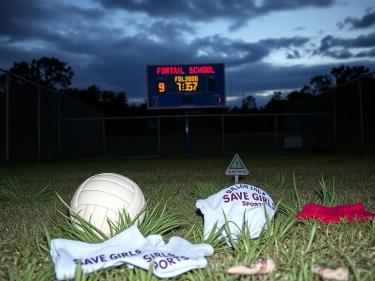 Flick International A somber school sports field at dusk with a faded scoreboard indicating a forfeit