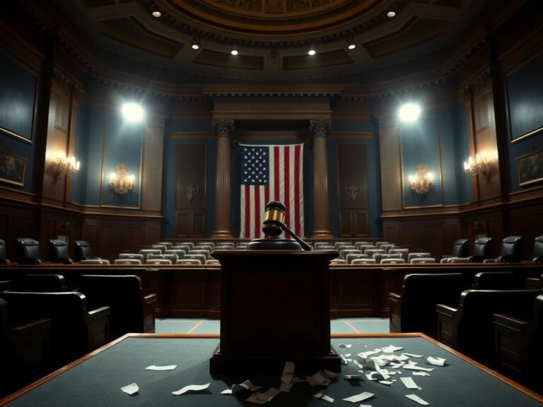 Flick International Dramatic view of an empty House chamber with a spotlight on the Speaker's podium