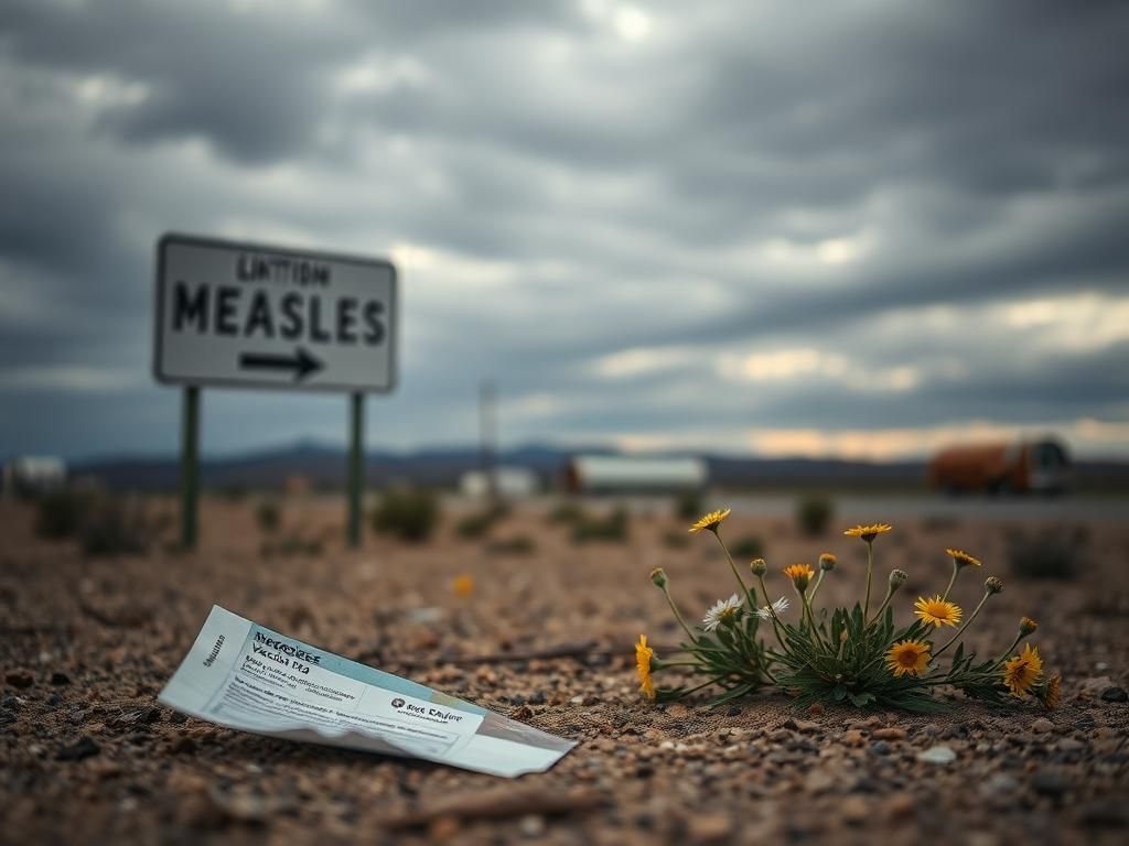 Flick International Desolate New Mexico landscape with a discarded vaccination card symbolizing the measles outbreak