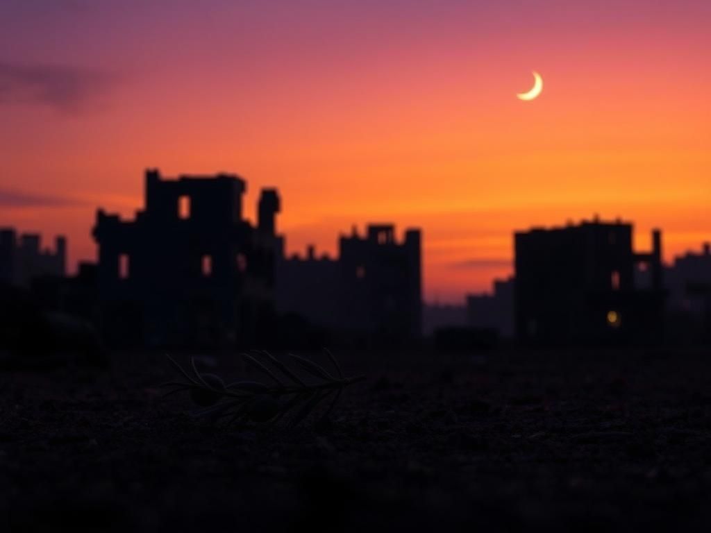 Flick International A somber yet hopeful landscape of Gaza at dusk with crumbling buildings and a broken olive branch.