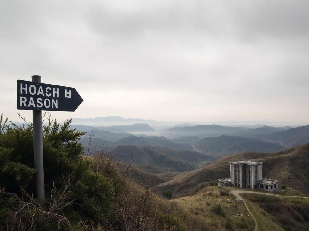 Flick International Panoramic view of North Korea's rugged landscape featuring a weathered signpost and a dilapidated building.