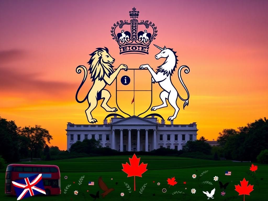 Flick International Grand royal crest symbolizing the relationship between Prince William and President Trump against a sunset backdrop