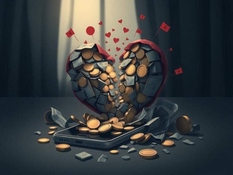 Flick International A somber illustration of a shattered heart made of coins and crumpled bills representing financial loss from romance scams