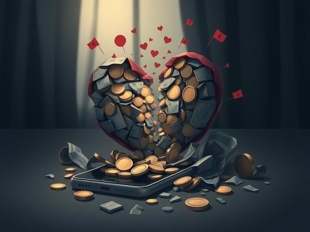 Flick International A somber illustration of a shattered heart made of coins and crumpled bills representing financial loss from romance scams