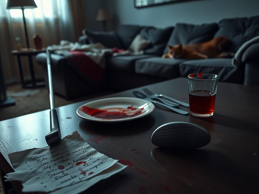 Flick International A dimly lit room with a messy coffee table, showcasing a blood-smeared plate and utensils, hinting at a tragic event.