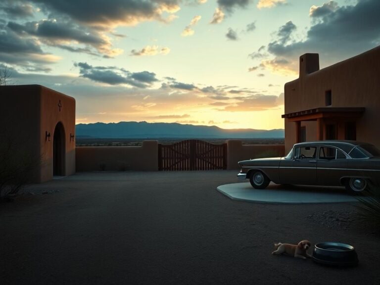 Flick International Secluded Santa Fe home with adobe architecture at sunset