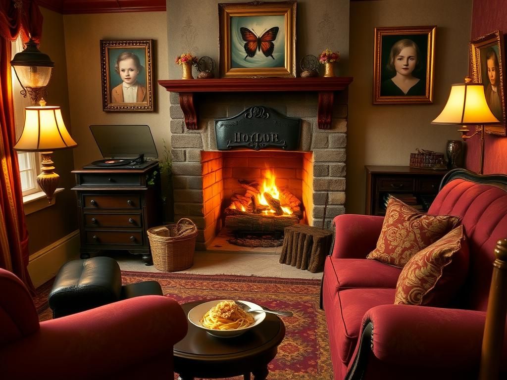 Flick International Cozy living room reflecting nostalgia with Victorian furnishings and a warm fireplace.