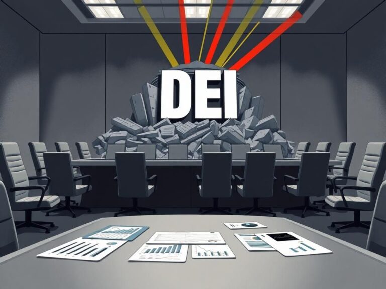 Flick International Illustration of a corporate boardroom with a crumbling DEI structure in the background