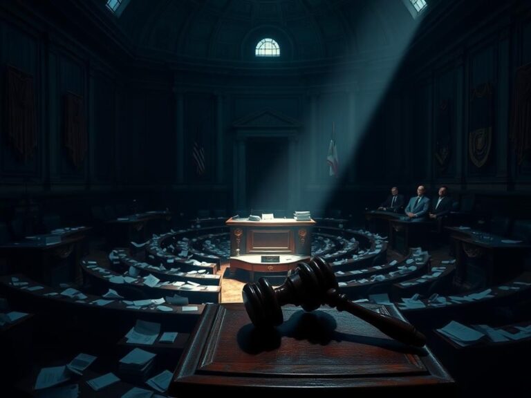 Flick International Somber congressional chamber with empty seats and scattered paperwork