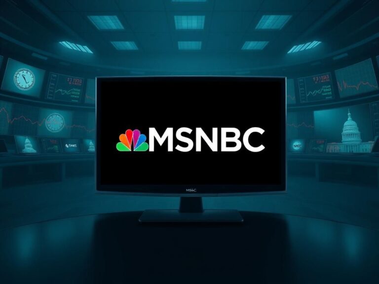 Flick International Television screen displaying MSNBC logo in an empty dimly lit newsroom