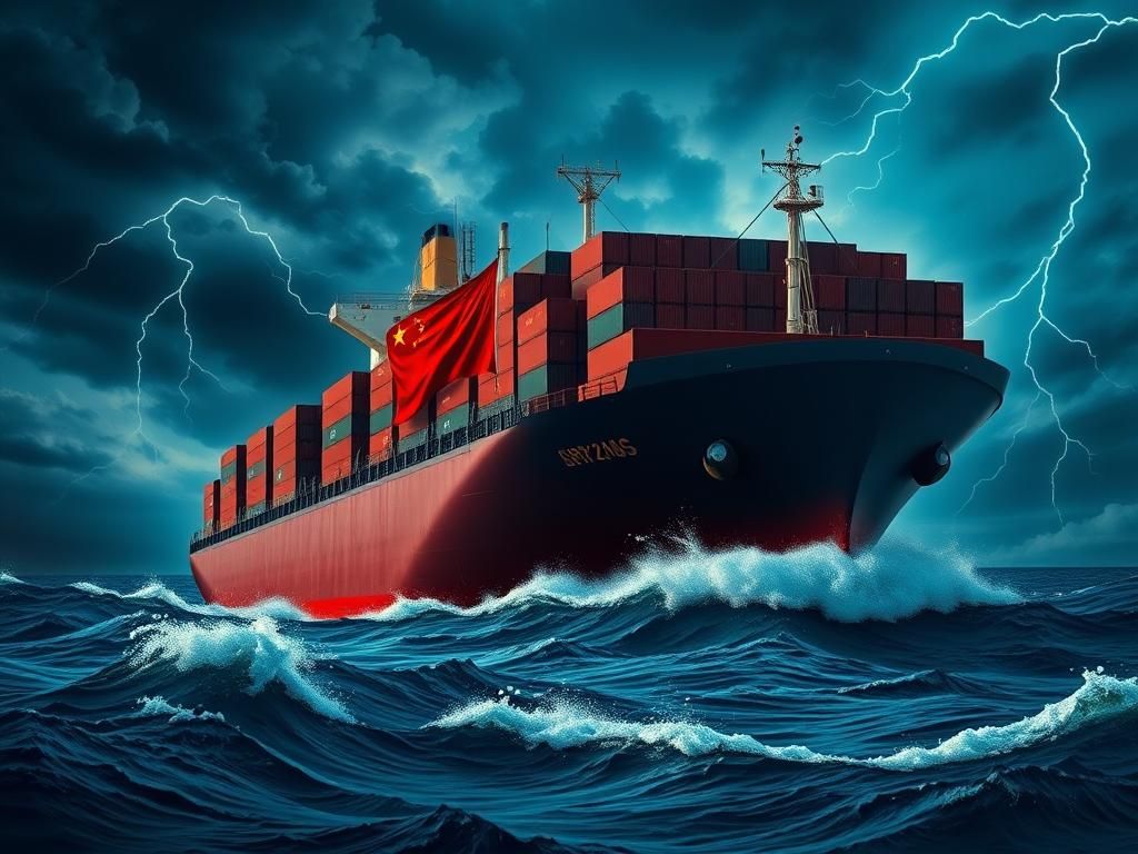 Flick International A large cargo ship with the Chinese flag navigating turbulent waters, symbolizing tense US-China trade relations