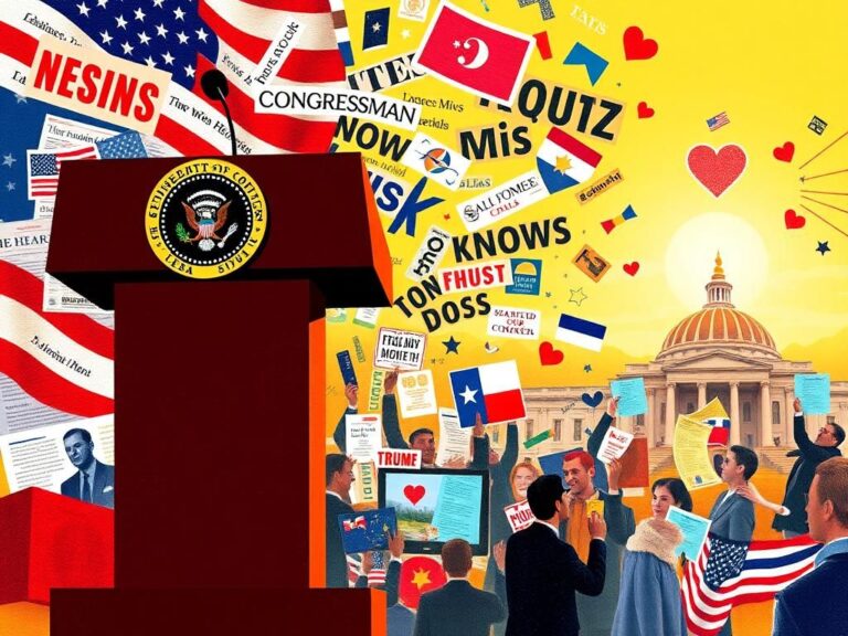 Flick International A vibrant collage representing political discourse with a speech podium and heartfelt Texas gestures