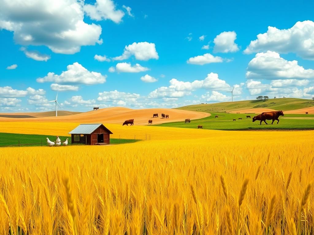 Flick International Picturesque rural landscape with wheat field and chicken coop