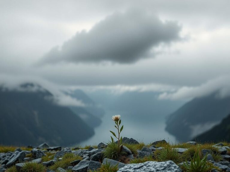 Flick International Serene landscape of Norway's fjords with a delicate wildflower symbolizing resilience