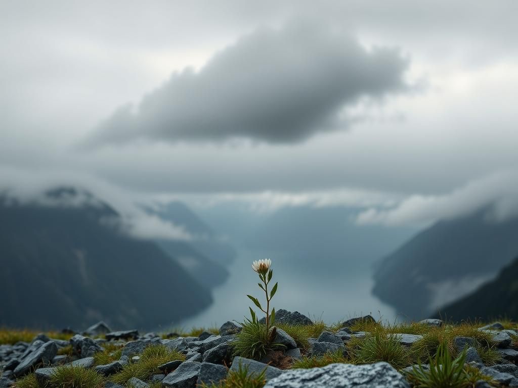 Flick International Serene landscape of Norway's fjords with a delicate wildflower symbolizing resilience