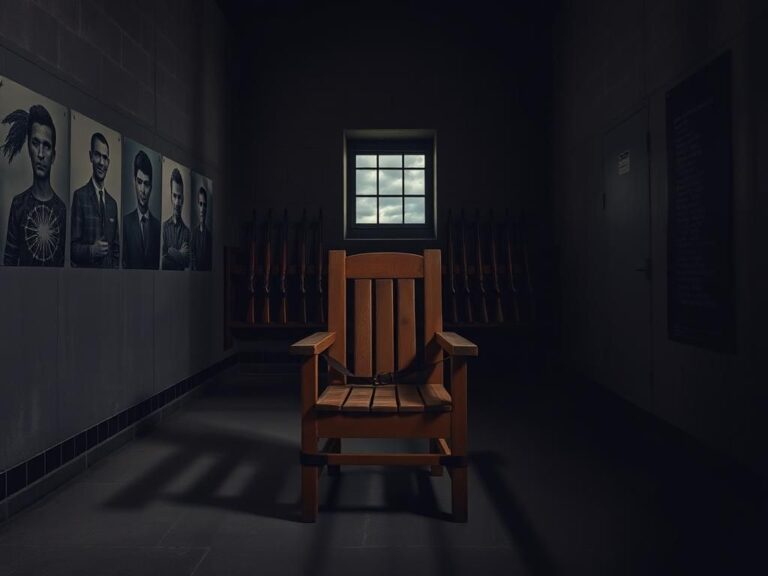 Flick International Execution chamber with empty wooden chair and rifles in South Carolina