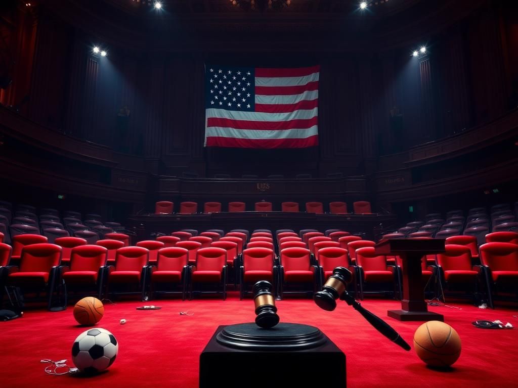 Flick International Dimly lit Senate chamber with empty seats and American flag representing political dissent on women's sports