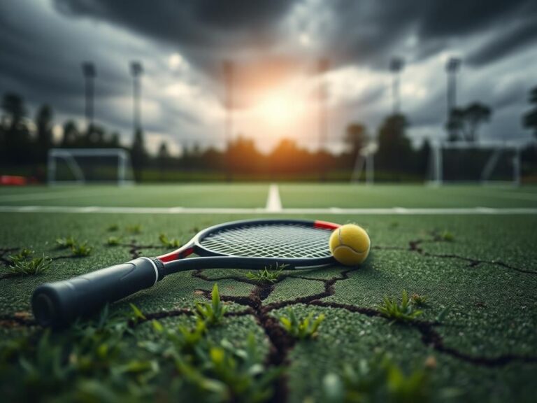 Flick International Close-up shot of a cracked tennis court with an abandoned racket and ball, symbolizing the debate about fairness in women's sports