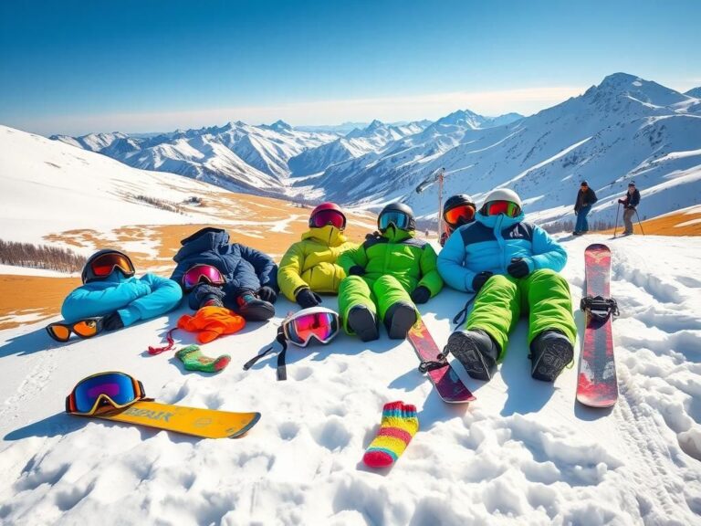 Flick International Vibrant ski gear and accessories displayed on a snowbank in a sunny mountain landscape