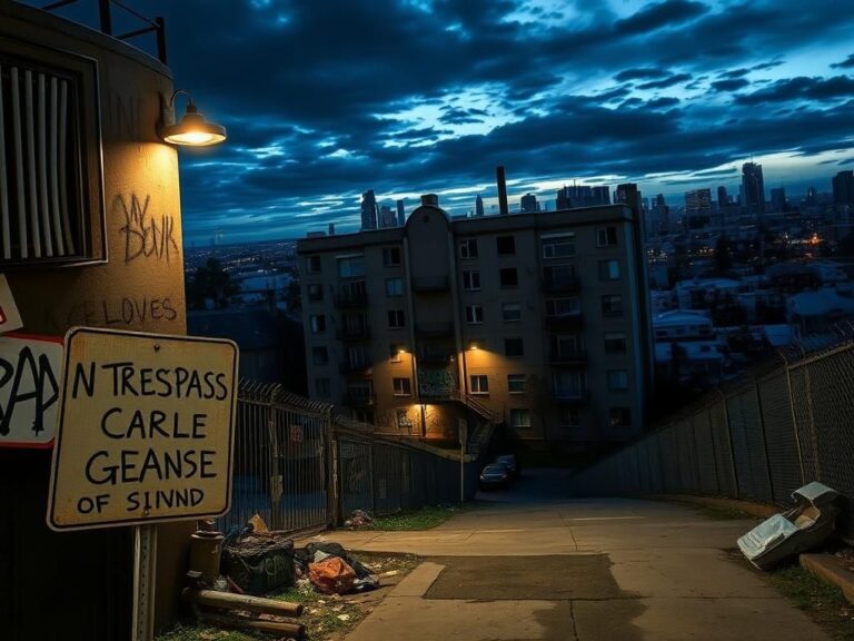 Flick International Gritty urban landscape depicting an apartment complex with graffiti, symbolizing the presence of Venezuelan gangs.