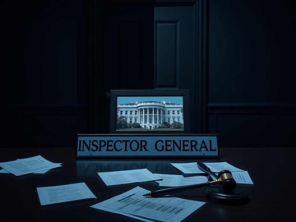 Flick International Darkly lit office with a deserted desk and flipped-over nameplate reading 'Inspector General'