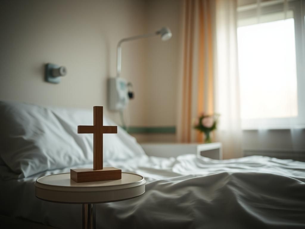 Flick International Hospital room with a bedside featuring a wooden cross and oxygen therapy equipment